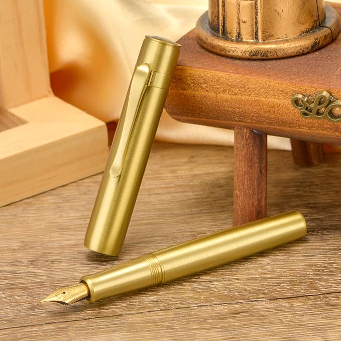 Hongdian M2 Black Forest Mini Fountain Pen, Medium Soft Golden Nib & Sleek Shape Brass Short Pocket Travel Pen (Glossy Brass)
