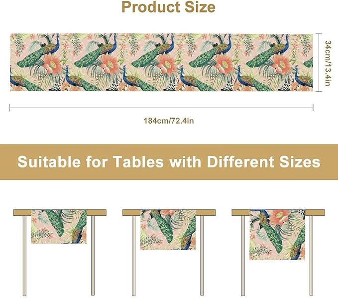 Peacock Table Runner,Pink Flower Peacock Birds Table Runner for Home Kitchen Dining Party Indoor Outdoor Decoration 13x120 Inch