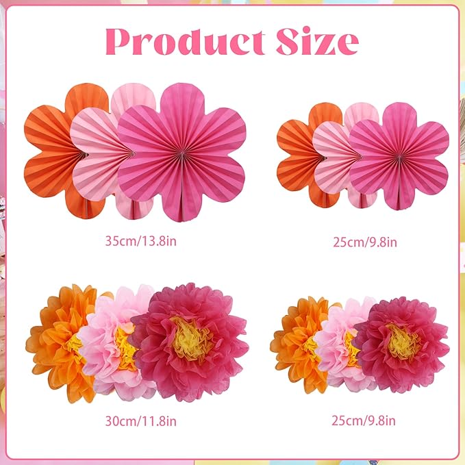 Paper Fan Party Decorations, 12 Pack, Orange and Hot Pink