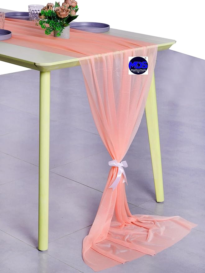 MDS 5 Pack 10ft Chiffon Table Runner 29 x 120 Inches Sheer Wedding Runner Romantic Rustic Table Runner for Wedding Decorations, Birthday Parties, Bridal Shower Party Arch Decor - Peach