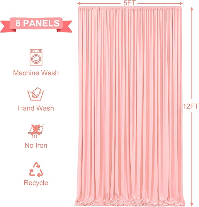 Backdrop Curtains in Blush Pink, 8 Panels 5ft x 12ft Wrinkle-Free Fabric