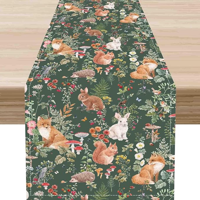 Rustic Forest Table Runner, Farmhouse Wild Woodland Animals Country Deer Fox Rabbits Watercolor Table Center Decor for Home Kitchen Dining Patio Holiday Party Outdoor Table Decorations, 13"x72" Inch