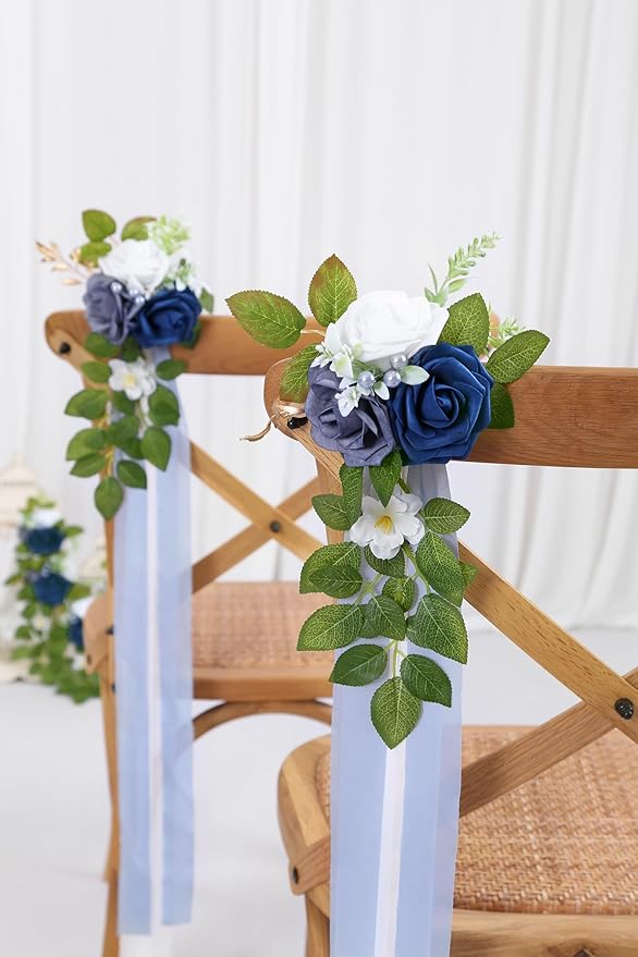 Artificial Rose Wedding Aisle Flowers, 10 Pieces, Blue with Chiffon Ribbon