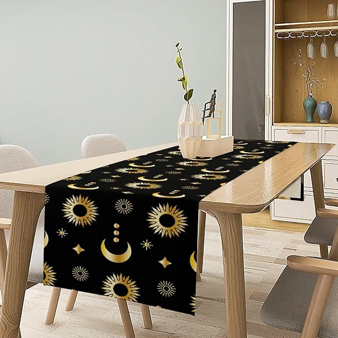 Magic Gold Sun Moon Stars Table Runner Mystical Farmhouse Rustic TableRunner for Party Holiday Dining Room Kitchen 13x36 Inch