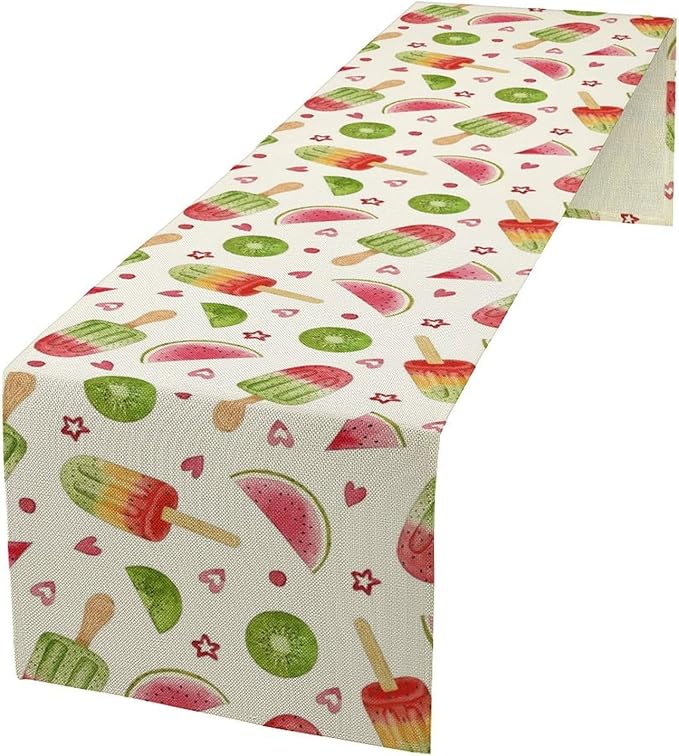 Summer Popsicles Table Runner, Colorful Watercolor Ice Cream Loves Heart Seasonal Dinner Runner for Party Holiday Home Kitchen Dining Table Decor 13"x120"