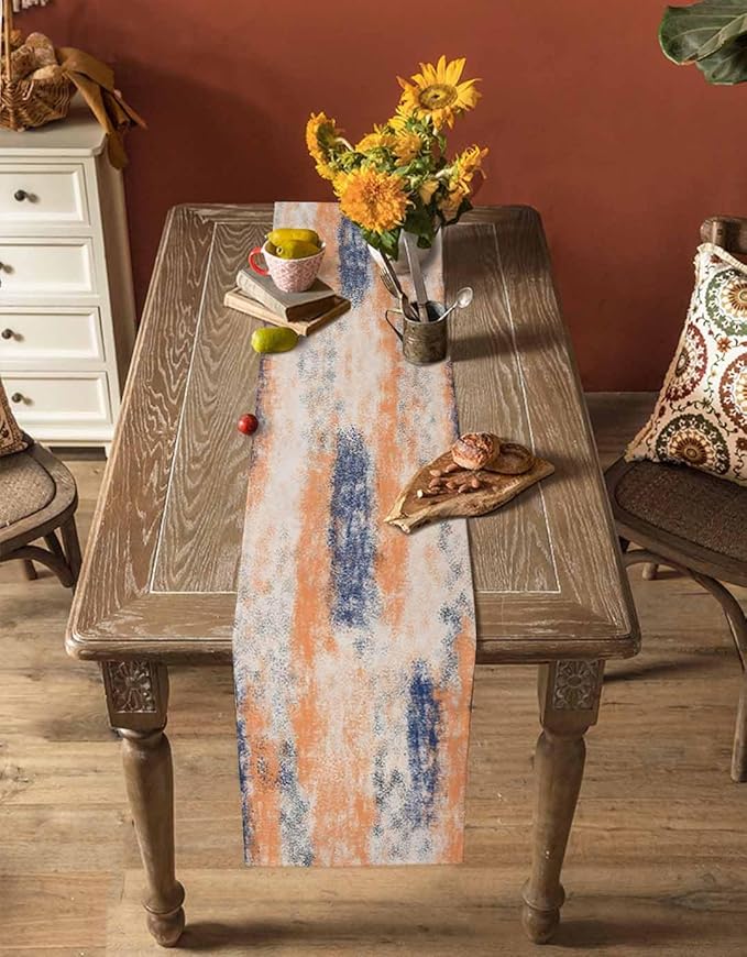Vintage Oil Painted Cotton Linen Table Runner for Dining Kitchen, Wedding Outdoor Party Tablerunners Decoration, Abstract Modern Orange Minimalist Dresser Scarf Coffee Tablecloth Runners 13x72 Inches