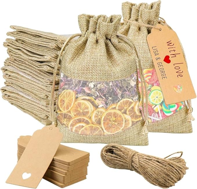 Linen Burlap Gift Bags, 50 Pack, 8 x 12 Inch with Drawstring Closure