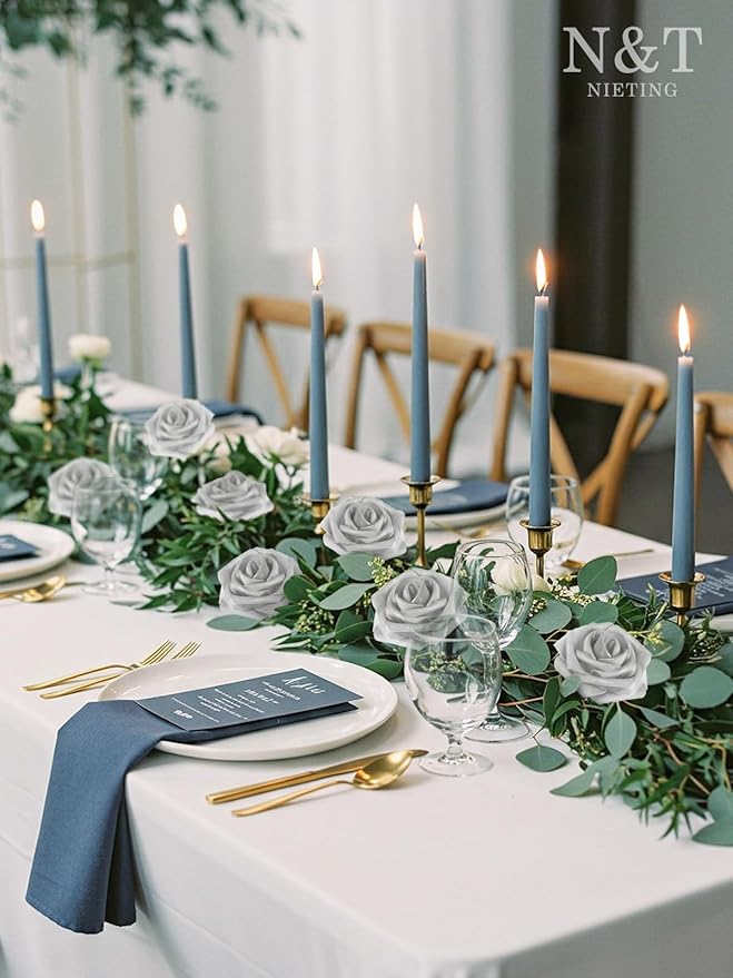Artificial Silver White Roses, 50 Pcs Foam Flowers with Bendable Stems