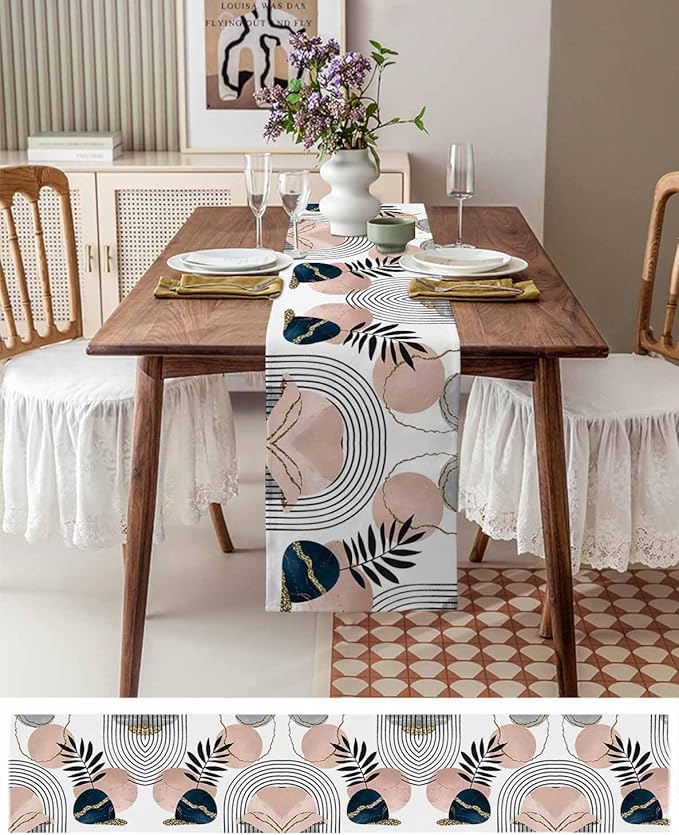 Modern Boho Cotton Linen Table Runner for Dining Kitchen, Wedding Outdoor Party Tablerunners Decoration, Abstract Bohemian Tropical Palm Leaf Dresser Scarf Coffee Tablecloth Runners 13x48 Inches