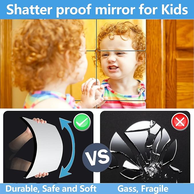 Unbreakable Acylic Small Mirror Tiles for Kids, (4-Pcs 13.5x13.5 Inch) Plastic Mirrors for Wall, Stick on Mirrors for Wall Decor, Shatterproof Mirror for Kids Bedroom
