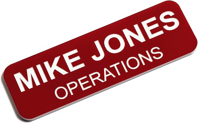 Custom Engraved Name Tag Badges – Personalized Identification with Pin or Magnetic Backing, 1 Inch x 3 Inches, Red/White