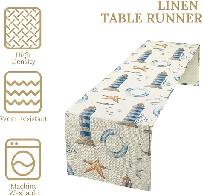 Blue Beach Table Runner, Tropical Ocean Coast Table Runner, Seashell Seasonal Nautical Restaurant Coffee Table Decorations for Home Holiday Party Indoor Outdoor 13x70 Inch