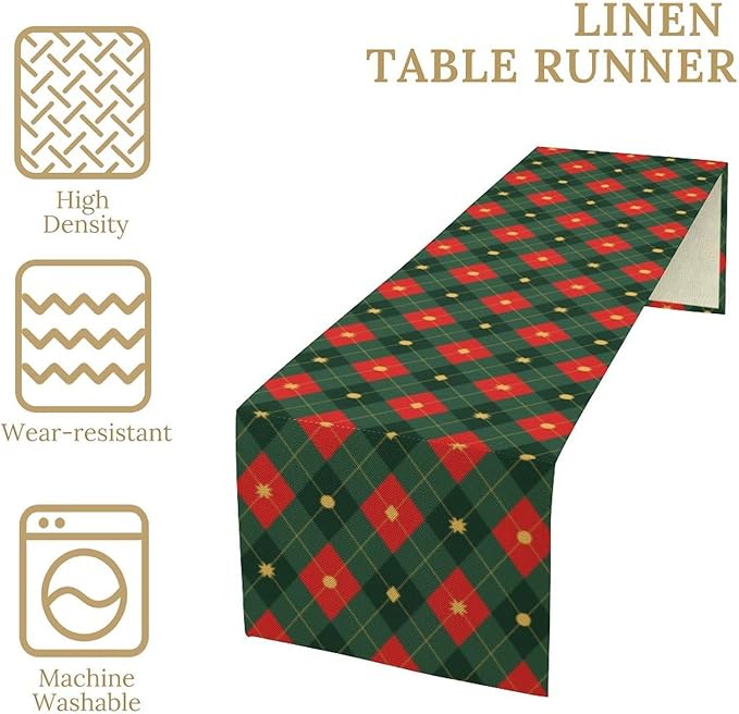 Christmas Table Runner,Green Red Xmas Plaid Table Cloth Kitchen Dining Table Decoration for Home Party Decor 13x60 Inch