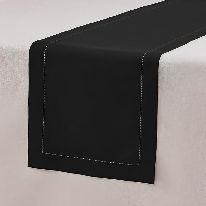 Black Table Runner 72 Inch – Cotton Linen Hemstitch Farmhouse Table Runner 14x72– Washable Fabric for Dining, Fall, Halloween, Thanksgiving, Spring, Summer, Wedding, Everyday Décor – Serena
