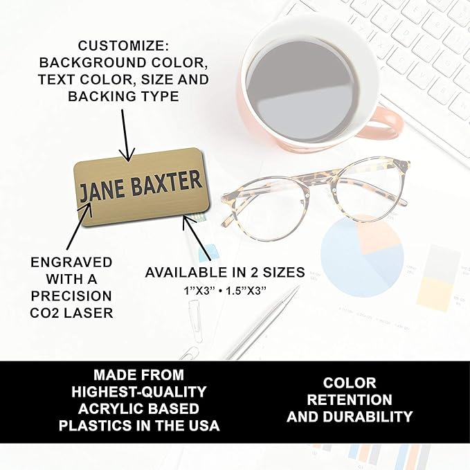 Custom Engraved Name Tag Badges – Personalized Identification with Pin or Magnetic Backing, 1.5 Inches x 3 Inches, Black/White