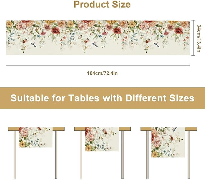 Rustic Floral Table Runner, Watercolor Flower Leaves Hummingbird Butterfly Farmhouse Kitchen Dinning Table Runner for Indoor Outdoor Home Wedding Party Holiday, 13x120 Inch