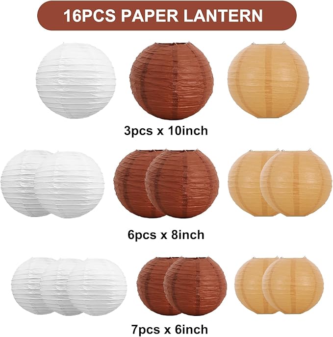 Paper Lanterns in Brown, Earthy Yellow and White, Round Foldable Party Decor