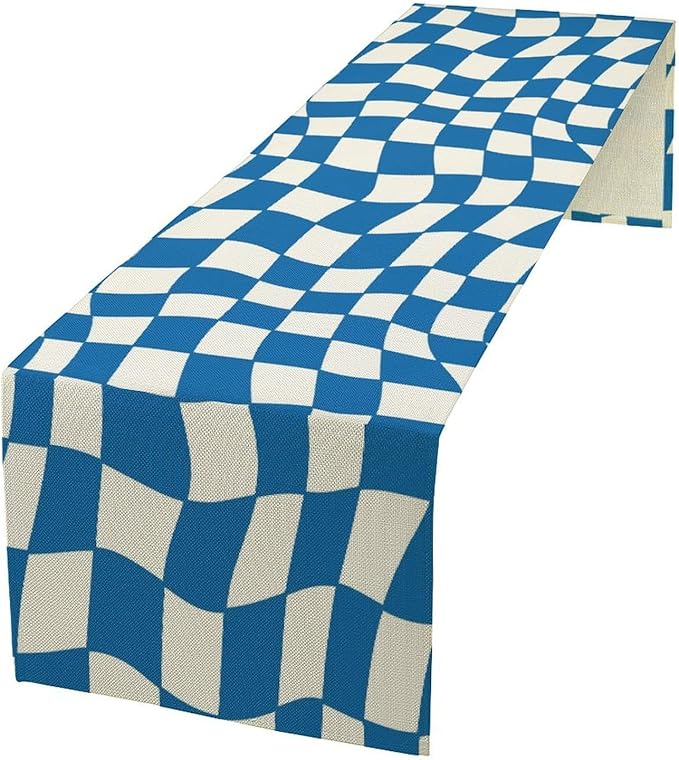 Table Flag Retro Plaid 60s70s Blue Plaid Table Flag Kitchen Restaurant Decoration Suitable for Indoor and Outdoor Festival Home Wedding Party Table Flag 13x90