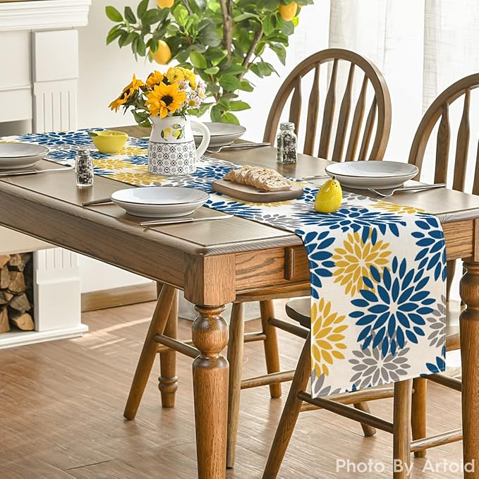 Artoid Mode Blue Dahlia Floral Pinnata Summer Table Runner, Spring Kitchen Dining Table Decoration for Home Party Decor 13x48 Inch