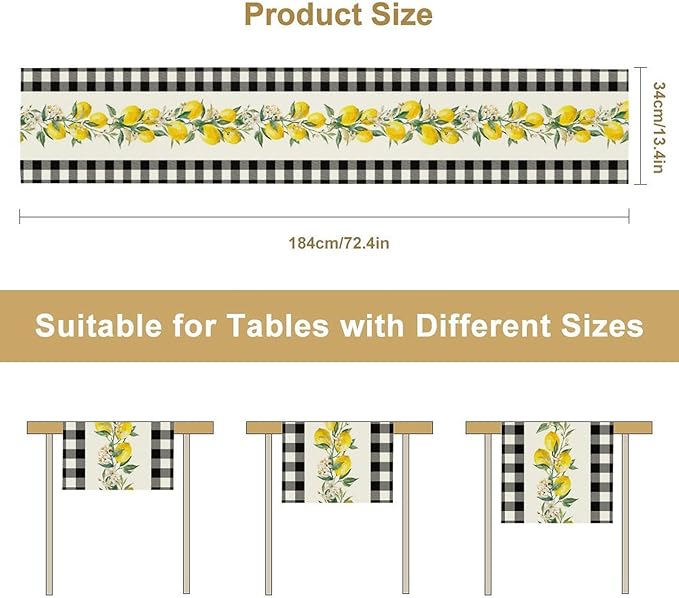 Lemon Table Runner,Black Buffalo Plaid Lemon Table Runner Farmhouse Style Spring Summer Home Kitchen Dinding Room Table Decoration 13x90 Inch