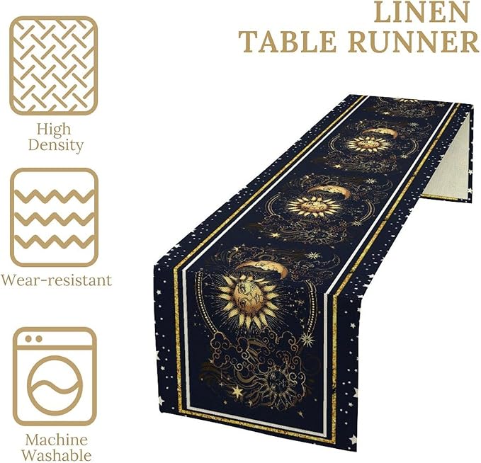 Sun Moon Table Runner, Seasonal Golden Sun Moon Holiday Kitchen Dining Table Runner for Kitchen Living Room Home Party Decor 13x108 Inch