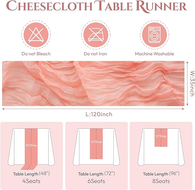 Sioloc 10 Pack Peach Coral Cheesecloth Table Runner Fall Autumn Decor for Home 10ft Table Cloth for Tea Wedding Birthday Party Baby Bridal Shower Halloween Thanksgiving