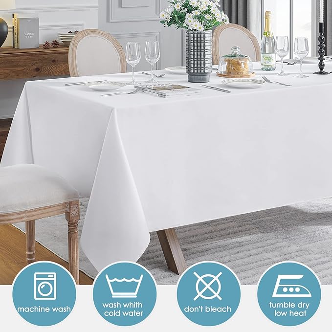VidaFete Tablecloth 90 * 132inch Rectangle Table Cloth Polyester, Stain Wrinkle Resistant Polyester Dining Table Cover for Kitchen Dinning Party Wedding Rectangular Tabletop Buffet Decoration(White)