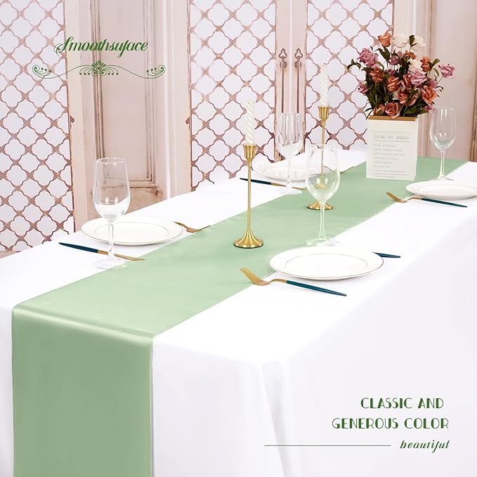 12 Pack Sage Green Satin Table Runner,12 x 108 inch Long Premium Smooth Table Runner for Wedding, Banquets, Birthday, Party, Graduation, Engagements, Table Runners fit Rectangle and Round Table
