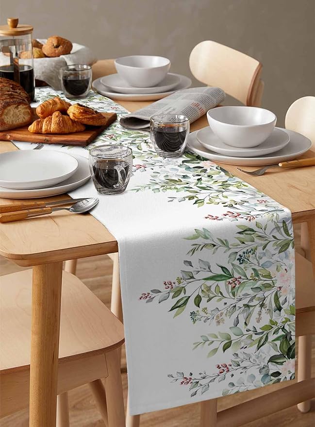 Botanical Eucalyptus Cotton Linen Table Runner for Dining Kitchen, Wedding Outdoor Party Tablerunners Decoration, Sage Green Leaves Elegant Floral Dresser Scarf Coffee Tablecloth Runners 13x72 Inches