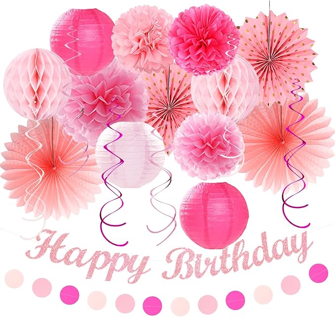 Tissue Pom Poms Pink Birthday Party Decorations Kit, 21 Pieces