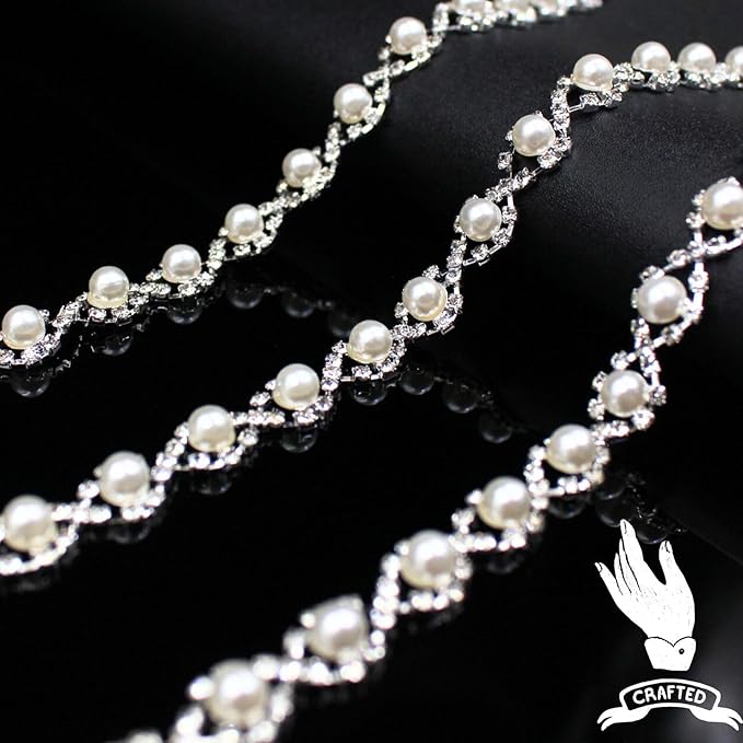 1 Yard Pearl Trim Chain Rhinestone Silver String Crystal Applique Fringe Ribbon Strips Beads Sewing Dress DIY Party Wedding Bouquet for Decoration Bridal Costume Embellishment