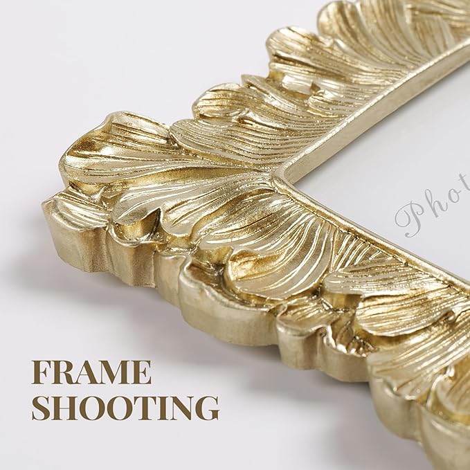 Cuspin 6x8 Picture Frame Vintage Gold Frames, Gold Palm Leaves Textured Hand-Crafted Resin Frames with Glass Front, Elegant Retro Decorative Photo Frame for Wall and Tabletop Display Home Decor