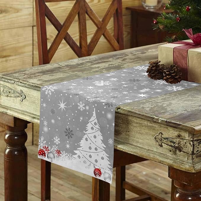 Christmas Snowflakes Cotton Linen Table Runner for Dining Kitchen, Xmas Tree Snow Winter Wedding Outdoor Party Tablerunners Decoration, Grey Balls Dresser Scarf Coffee Tablecloth Runners 13x72 Inches