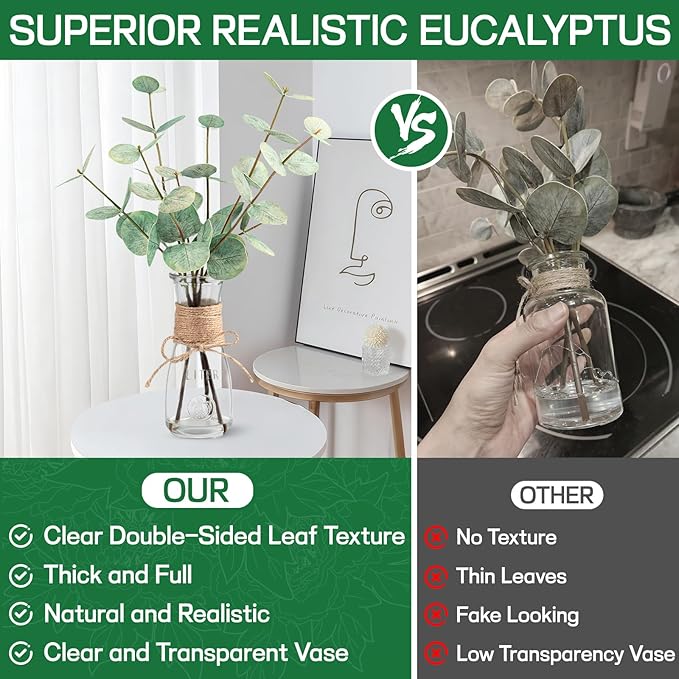 Artificial Eucalyptus Stems in Glass Vase with Faux Water, 15" Small Bathroom Greenery with Double-Sided Green Leaves, Farmhouse Office Decor, Realistic Fake Plant Wedding Centerpiece