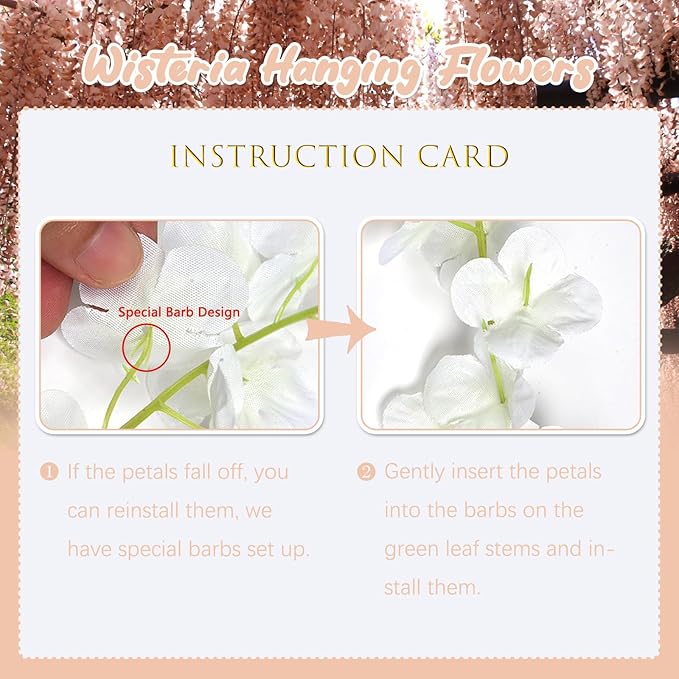 24 Pack Champagne Pink Wisteria Hanging Flowers, 3.44 Ft Fake Hanging Flowers, Artificial Wisteria Garland Vines for Wedding Room Backdrop Outdoor Patio Garden Decoration
