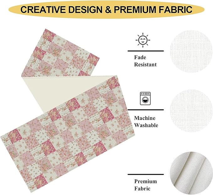Patchwork Table Runner, Boho Vintage Pink Wildflowers Bohemian Paisley Flower Farmhouse Table Center Decor for Home Kitchen Dining Patio Holiday Party Indoor Outdoor Table Decorations, 13"x36" Inch