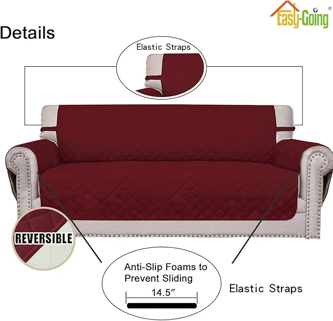 Sofa Slipcover for 3-Cushion Couch, Reversible Red/Ivory Quilted Microfiber