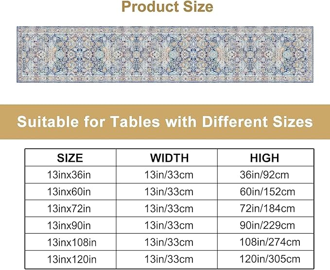 Vintage Boho Floral Table Runner, Rustic Country Farmhouse Blue Yellow Retro Flower Pattern for Home Kitchen Table Decor Dining Coffee Room Party Decor 13x120in