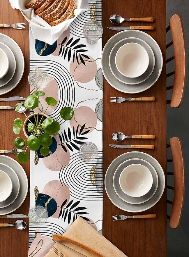 Modern Boho Cotton Linen Table Runner for Dining Kitchen, Wedding Outdoor Party Tablerunners Decoration, Abstract Bohemian Tropical Palm Leaf Dresser Scarf Coffee Tablecloth Runners 13x108 Inches