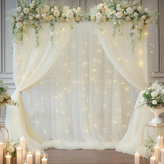 10×10ft Cream White Tulle Backdrop Curtain with Lights String for Parites, Sheer Photo Curtain Backdrop Drapes for Wedding Party Photography Backgrounds