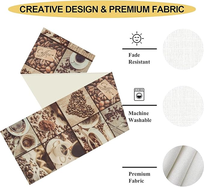 Coffee Theme Table Runner, Rustic Farmhouse Coffee Cup Latte Cappuccino Tea Party Cafe Table Center Decor for Home Kitchen Dining Patio Holiday Party Indoor Outdoor Table Decorations, 13"x90" Inch