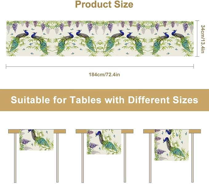 Peacock Table Runner,Spring Plant Butterfly Print Seasonal Table Runner for Home Kitchen Dining Party Indoor Outdoor Decoration 13x90 Inch