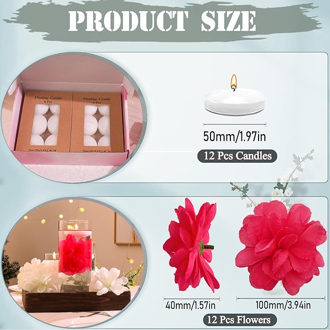Vase Fillers Set with 12 Rose Red Floating Flowers and 12 White Candles