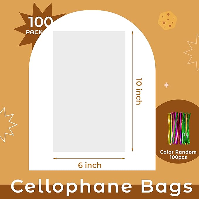 NPLUX 100 Pack Cellophane Bags Small Plastic Cookie Bag Clear Treat Bags with Twist Ties for Small Gift Party Favors, Bakery, Candy, Popcorn (6×10In)