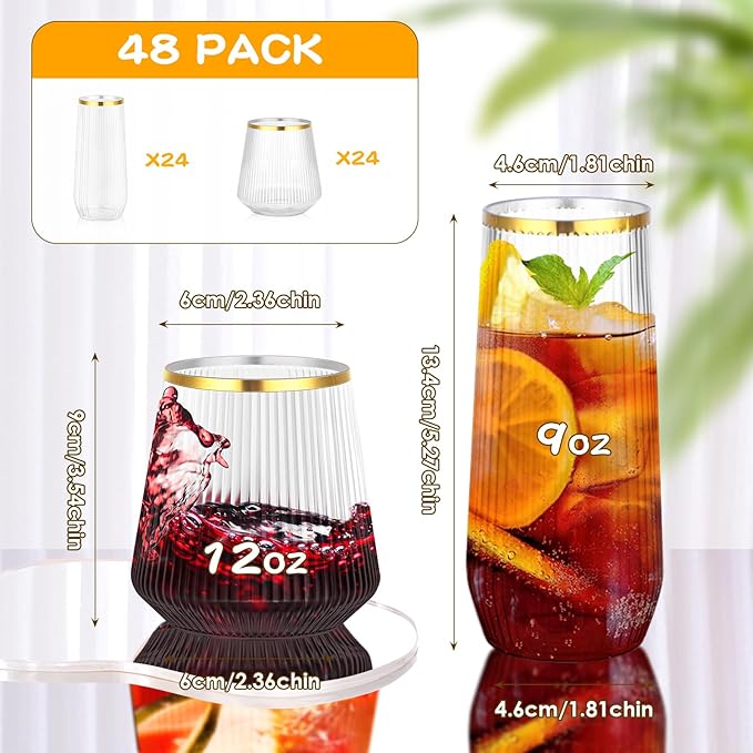 mwellewm 48 Pcs Plastic Wine Glasses Disposable, Cocktail Glasses Set 9 OZ Stemless Champagne Flutes 12 OZ Ribbed Origami Ripple Reusable Party Cup for Wedding Home Office Bar Drinking(Gold Rim)