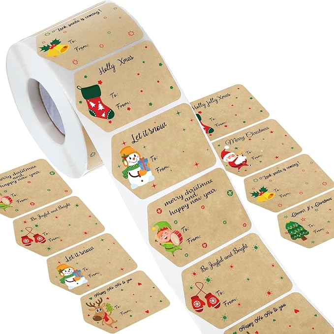 Zonon 720 Pieces Self Adhesive Christmas Gift Tag Xmas Kraft Name Tags Natural Kraft Xmas Stickers Paper Tags Labels for Christmas Decoration(Classic Style)