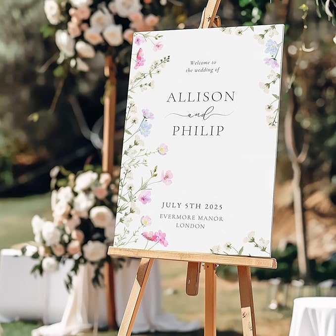 Welcome Wedding Signs, Minimalist Floral Spring Wedding Sign Decorations Signage 12" X 18" (Small), 27" (Medium), 36" (Large), Plastic, Modern, Pole Mount, Weather