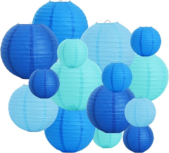 Paper Lanterns, 16 Pack, Round Sea Mix in 6, 8 and 10 Inch