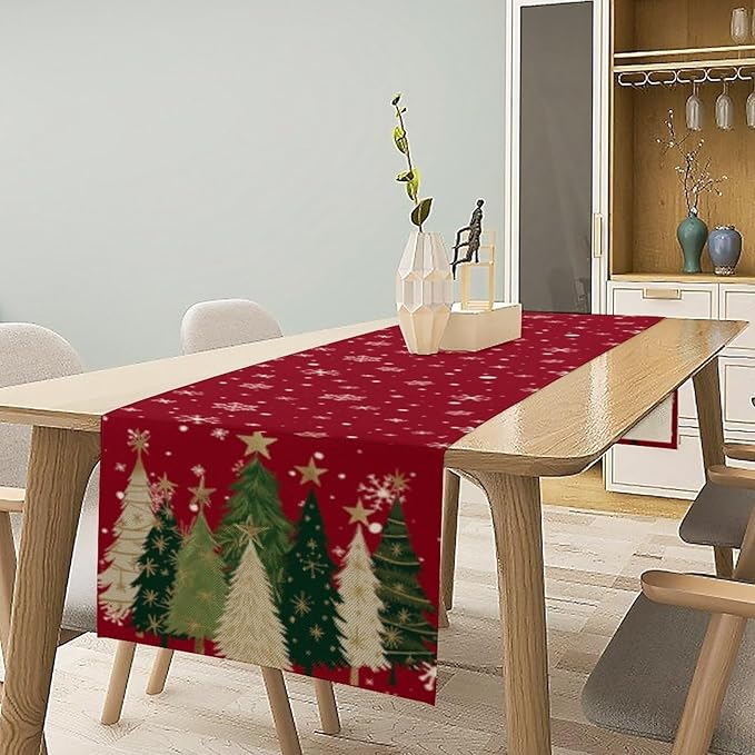 Merry Christmas Table Runner,Red Christmas Tree Snowflake Winter Seasonal Table Cloth Kitchen Dining Table Decoration for Home Party Decor 13x90 Inch