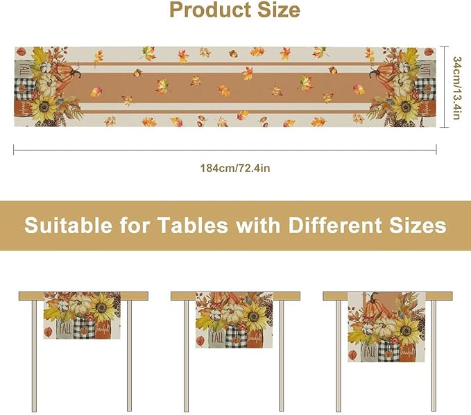 Autumn Table Runner,Thanksgiving Fall Pumpkin Leaves Floral Table Cloth for Kitchen Dining Table Decoration Home Party Decor 13x36 Inch